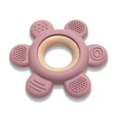 Jucarii de dentitie bebe - Jucarie de dentitie, din silicon si lemn de fag, 0 luni+, Flower Pink, bebelorelli.ro