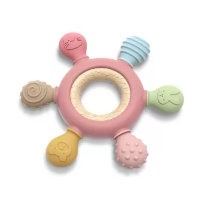 Jucarie de dentitie, din silicon si lemn de fag, 0 luni+, Rudder Pink