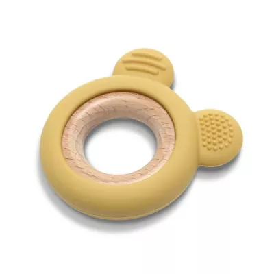 Jucarie de dentitie, din silicon si lemn de fag, 0 luni+, Bear Yellow