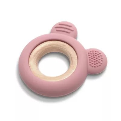 Jucarii de dentitie bebe - Jucarie de dentitie, din silicon si lemn de fag, 0 luni+, Bear Pink, bebelorelli.ro
