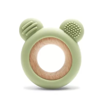 Jucarie de dentitie, din silicon si lemn de fag, 0 luni+, Bear Fresh Green