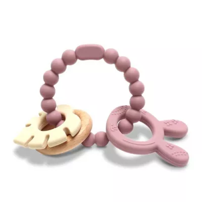 Jucarie de dentitie si zornaitoare, din silicon si lemn de fag, 0 luni+, Rabbit Pink