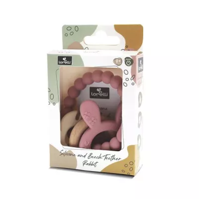 Jucarie de dentitie si zornaitoare, din silicon si lemn de fag, 0 luni+, Rabbit Pink