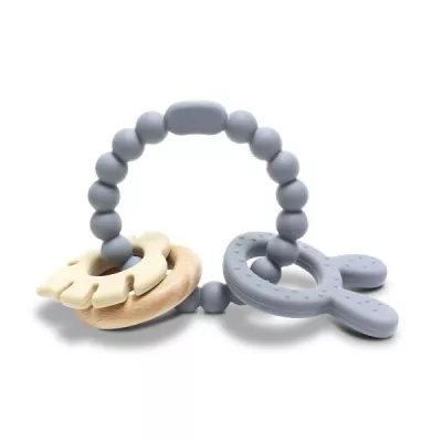 Jucarie de dentitie si zornaitoare, din silicon si lemn de fag, 0 luni+, Rabbit Grey