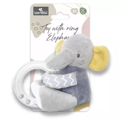 Jucarii din plus - Jucarie de plus, Elefant gri, 11 cm, cu inel si bilute zornaitoare, 0 luni+, bebelorelli.ro