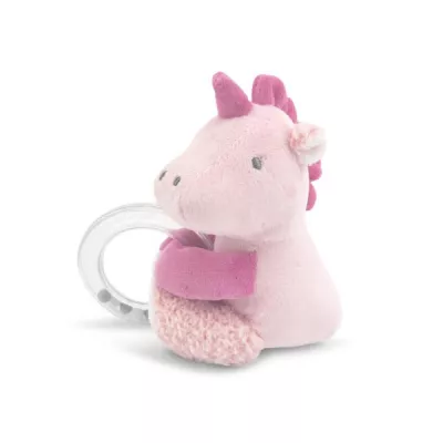 Jucarie de plus, Unicorn roz, 11 cm, cu inel si bilute zornaitoare, 0 luni+