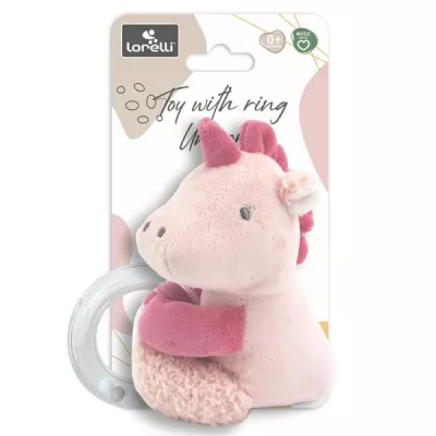Jucarii din plus - Jucarie de plus, Unicorn roz, 11 cm, cu inel si bilute zornaitoare, 0 luni+, bebelorelli.ro