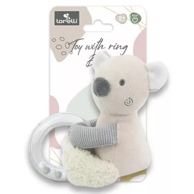 Jucarii din plus - Jucarie de plus, Ursulet beige, 11 cm, cu inel si bilute zornaitoare, 0 luni+, bebelorelli.ro