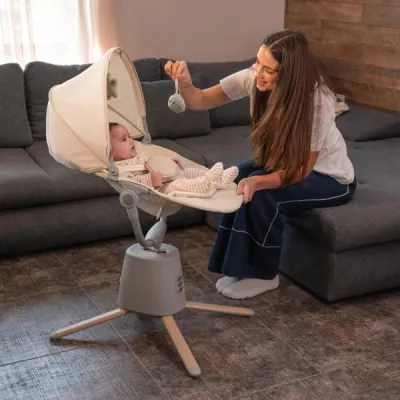 Leagan electric pentru bebelusi, Storky, Bluetooth, telecomanda, 5 viteze de leganare, potrivit 0-6 luni, Beige