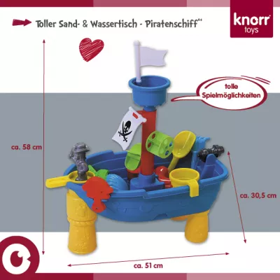 Masuta pliabila Vapor de joaca cu nisip si apa pentru copii, Knorr Toys, include lopatica, multiple forme pentru nisip, 2 cadite pentru apa, 51x31,5x58 cm, 3 ani+, Corabia Piratilor