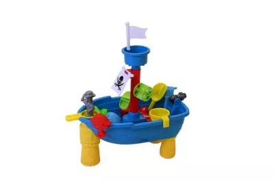 Masuta pliabila Vapor de joaca cu nisip si apa pentru copii, Knorr Toys, include lopatica, multiple forme pentru nisip, 2 cadite pentru apa, 51x31,5x58 cm, 3 ani+, Corabia Piratilor