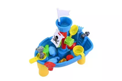Jucarii pentru plaja si nisip - Masuta pliabila Vapor de joaca cu nisip si apa pentru copii, Knorr Toys, include lopatica, multiple forme pentru nisip, 2 cadite pentru apa, 51x31,5x58 cm, 3 ani+, Corabia Piratilor, bebelorelli.ro