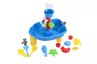 Masuta pliabila Vapor de joaca cu nisip si apa pentru copii, Knorr Toys, include lopatica, multiple forme pentru nisip, 2 cadite pentru apa, 51x31,5x58 cm, 3 ani+, Corabia Piratilor