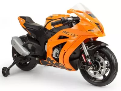 Motocicleta electrica de curse pentru copii, Injusa, licenta KTM, 12V, include roti ajutatoare, 3-6 Ani