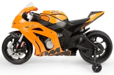 Motocicleta electrica de curse pentru copii, Injusa, licenta KTM, 12V, include roti ajutatoare, 3-6 Ani