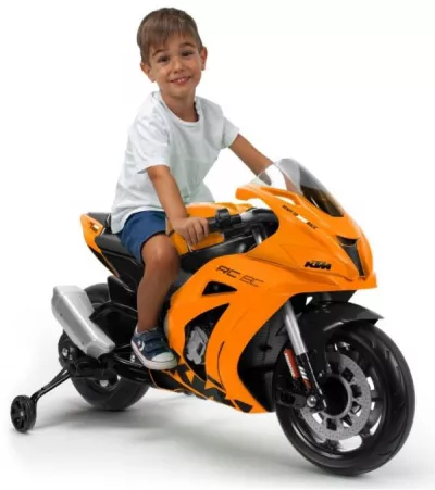 Motocicleta electrica de curse pentru copii, Injusa, licenta KTM, 12V, include roti ajutatoare, 3-6 Ani