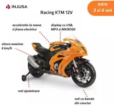 Motocicleta electrica de curse pentru copii, Injusa, licenta KTM, 12V, include roti ajutatoare, 3-6 Ani