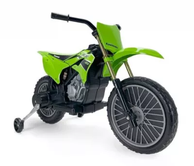 Motocicleta electrica pentru copii, 12V, licentiat Kawasaki KX85, tip cross, cu roti ajutatoare, 3-5 ani, verde