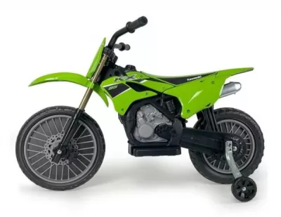 Motocicleta electrica pentru copii, 12V, licentiat Kawasaki KX85, tip cross, cu roti ajutatoare, 3-5 ani, verde