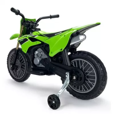 Motocicleta electrica pentru copii, 12V, licentiat Kawasaki KX85, tip cross, cu roti ajutatoare, 3-5 ani, verde