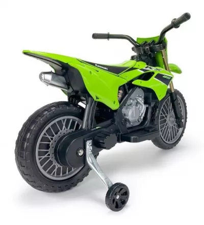 Motocicleta electrica pentru copii, 12V, licentiat Kawasaki KX85, tip cross, cu roti ajutatoare, 3-5 ani, verde