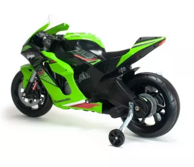 Motocicleta electrica pentru copii, 12V, licentiat Kawasaki Ninja ZX-R10, cu roti ajutatoare, 3-6 ani, verde