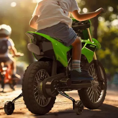 Motocicleta electrica pentru copii, Injusa, licenta Kawasaki KX85, 6V, include roti ajutatoare, 2-5 Ani