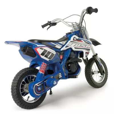 Motocicleta electrica pentru copii Injusa, X-Treme, Blue Fighter, 24V, pentru orice tip de teren, roti gonflabile, 6 ani+, Alb cu Albastru