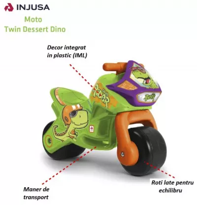 Motocicleta pentru copii, Injusa, Twin Dino, roti late din plastic, 18 luni+