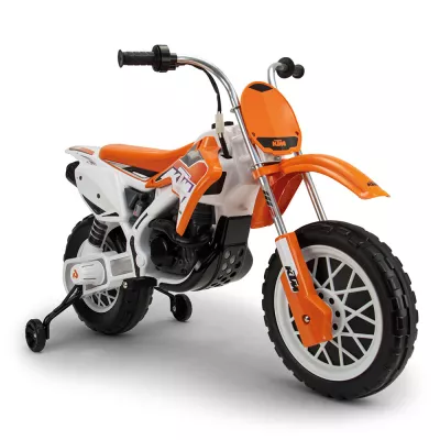 Motocross electric pentru copii Injusa, licenta KTM, 12V, roti stabilizatoare, baterie si incarcator incluse, 3 ani+, Portocaliu cu Alb