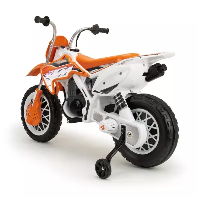 Motocross electric pentru copii Injusa, licenta KTM, 12V, roti stabilizatoare, baterie si incarcator incluse, 3 ani+, Portocaliu cu Alb