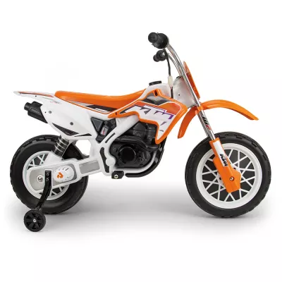 Motocross electric pentru copii Injusa, licenta KTM, 12V, roti stabilizatoare, baterie si incarcator incluse, 3 ani+, Portocaliu cu Alb