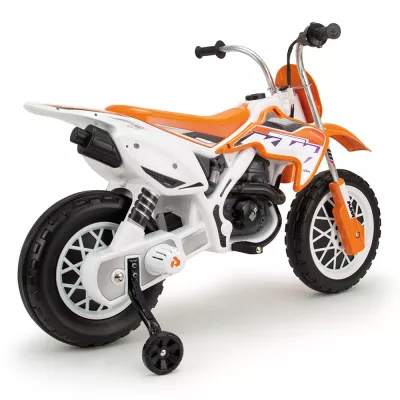 Motocross electric pentru copii Injusa, licenta KTM, 12V, roti stabilizatoare, baterie si incarcator incluse, 3 ani+, Portocaliu cu Alb