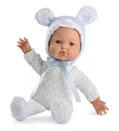 Papusa bebelus baietel, 36 cm, corp moale textil, usoara, potrivita pentru copii mici