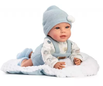 Papusa bebelus, Jairo, 38 cm, corp moale textil, cu salopeta si paturica