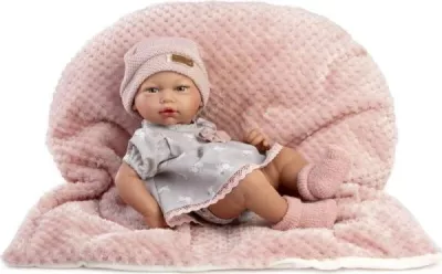 Papusa clasica, Claudia, 38 cm, corp complet din vinil, cu hainute si patura