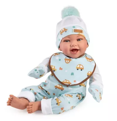 Papusa clasica, Dani, 42 cm, corp textil si membre din vinil, cu salopeta albastra si accesorii