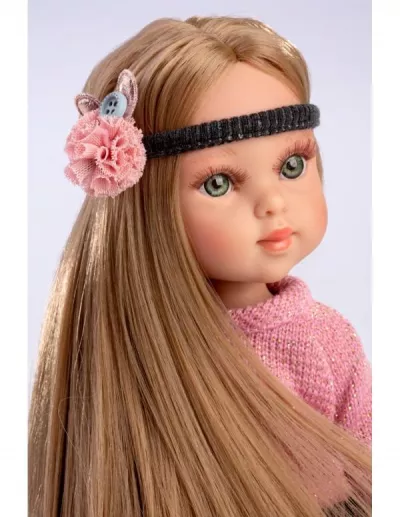 Papusa fashion, Penelope Paris, 33 cm, par blond drept, corp din vinil, cu outfit complet