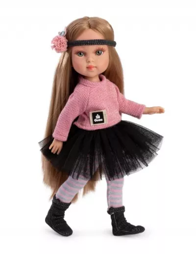 Papusa fashion, Penelope Paris, 33 cm, par blond drept, corp din vinil, cu outfit complet