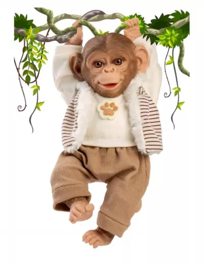 Papusa reborn maimuta, 32 cm, corp din material textil, design expresiv si pietenos, cu pantalon raiat bej, tricou si hanorac, 3 ani+