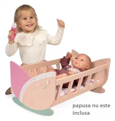 Patut leagan pentru papusi, din lemn, cu saltea reversibila inclusa, colectia Tulipe, Roz
