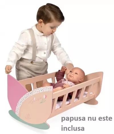 Patut leagan pentru papusi, din lemn, cu saltea reversibila inclusa, colectia Tulipe, Roz
