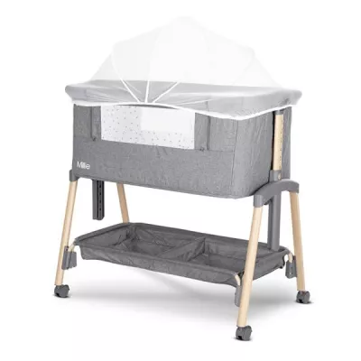 Patut pliabil, Millie, 0 Luni+, max. 9 kg, inaltime reglabila 7 pozitii, sistem antireflux, plasa de tantari, saltea inclusa, Grey