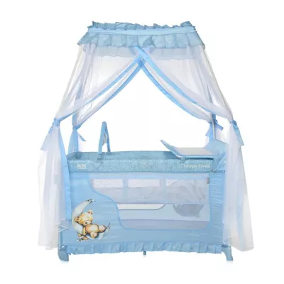 Patut pliabil stil baldachin Magic Sleep, cu accesorii, Blue Moon Sleeping Bear