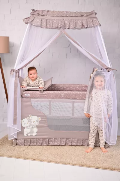 Patut pliabil stil baldachin Magic Sleep, cu accesorii, Blue Moon Sleeping Bear