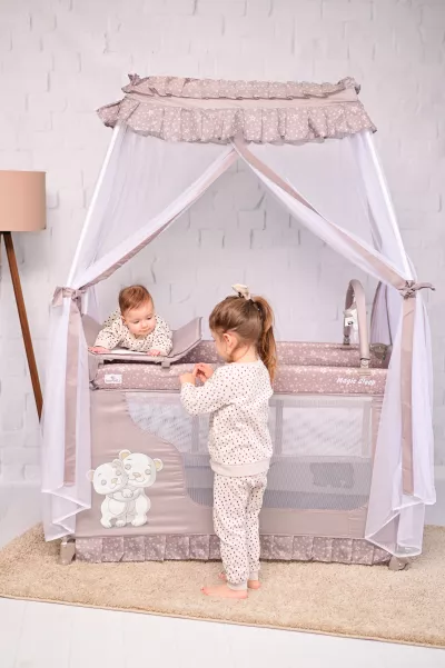 Patut pliabil stil baldachin Magic Sleep, cu accesorii, Blue Moon Sleeping Bear