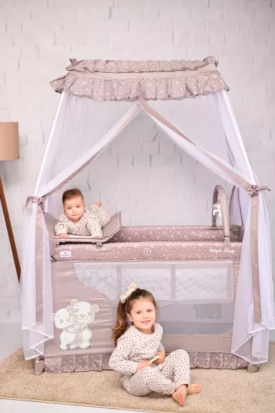 Patut pliabil stil baldachin Magic Sleep, cu accesorii, Blue Moon Sleeping Bear
