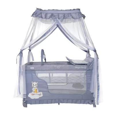 Patut pliabil stil baldachin Magic Sleep, cu accesorii, Cool Grey Hippo