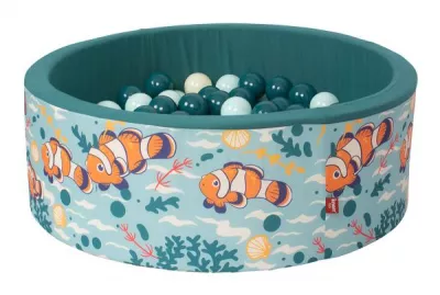 Piscina cu bile pentru copii, Knorr Toys, contine 150 bile multicolore, umplutura din spuma moale, husa bumbac 100% detasabila si lavabila, diametru 90 cm, inaltime 30 cm, 0 Luni+, Clownfish