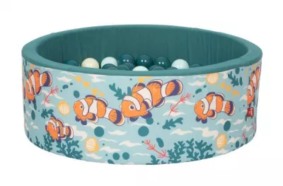 Piscina cu bile pentru copii, Knorr Toys, contine 150 bile multicolore, umplutura din spuma moale, husa bumbac 100% detasabila si lavabila, diametru 90 cm, inaltime 30 cm, 0 Luni+, Clownfish